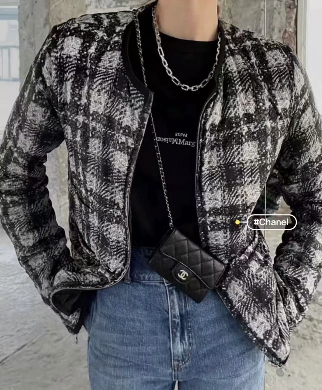 Chanel grey black checkered down cotton jacket size:38