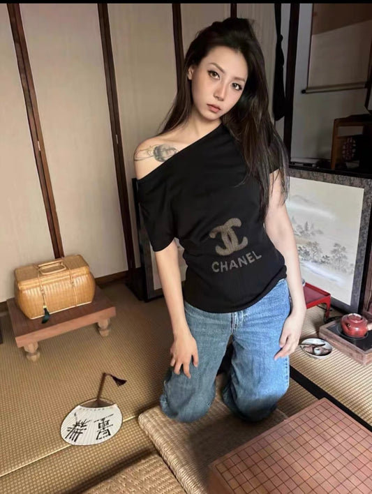 Chanel Knitted black short sleeved shirt Size:40