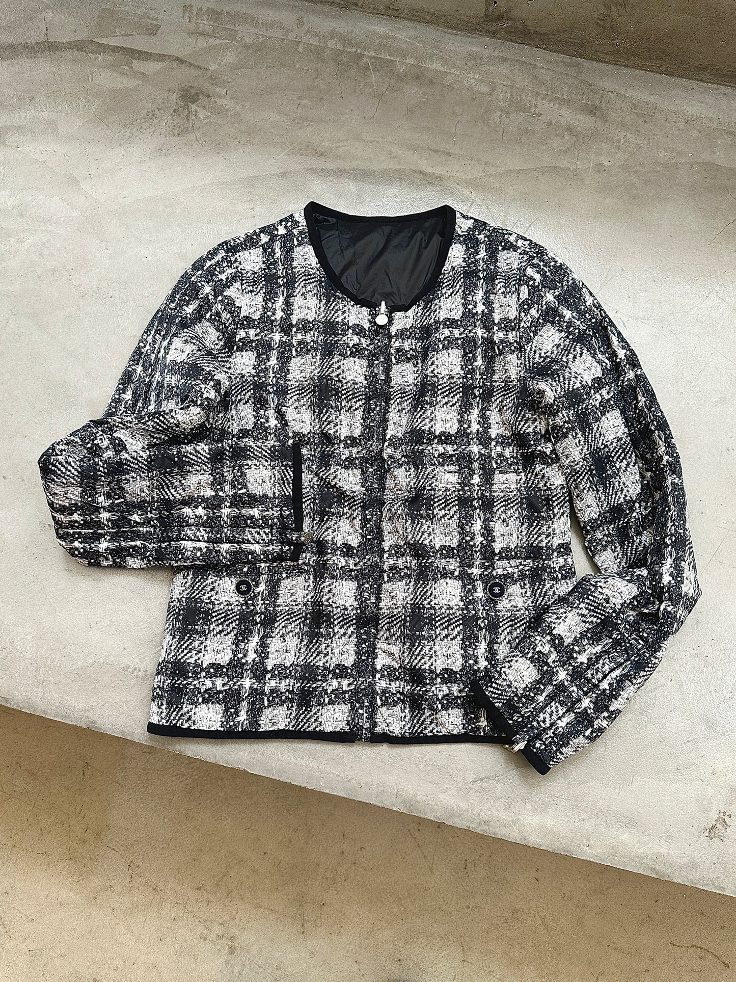 Chanel grey black checkered down cotton jacket size:38