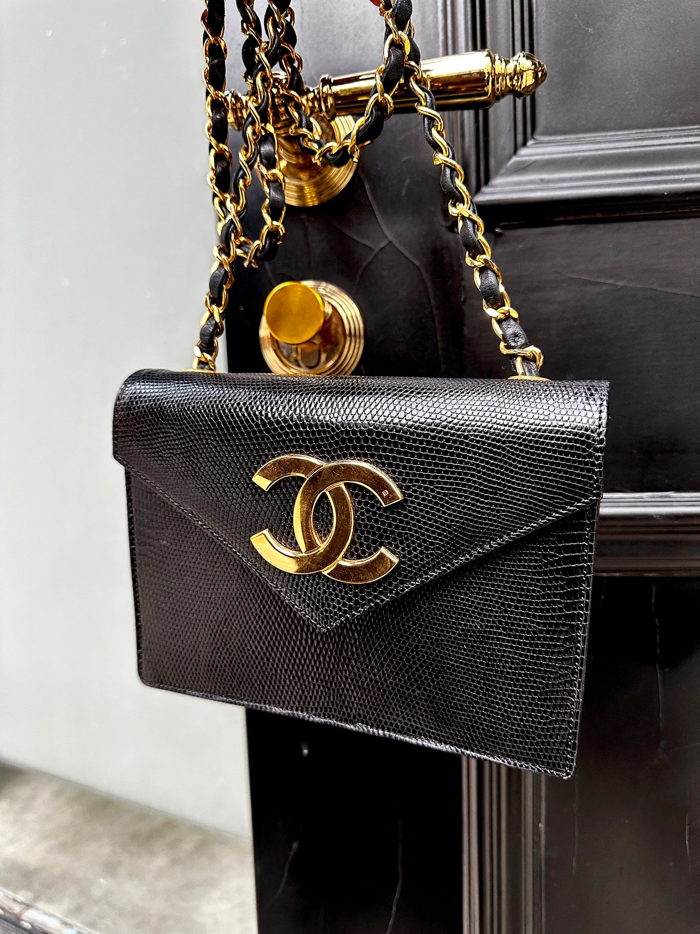 Chanel vintage black and gold lizard skin envelope bag