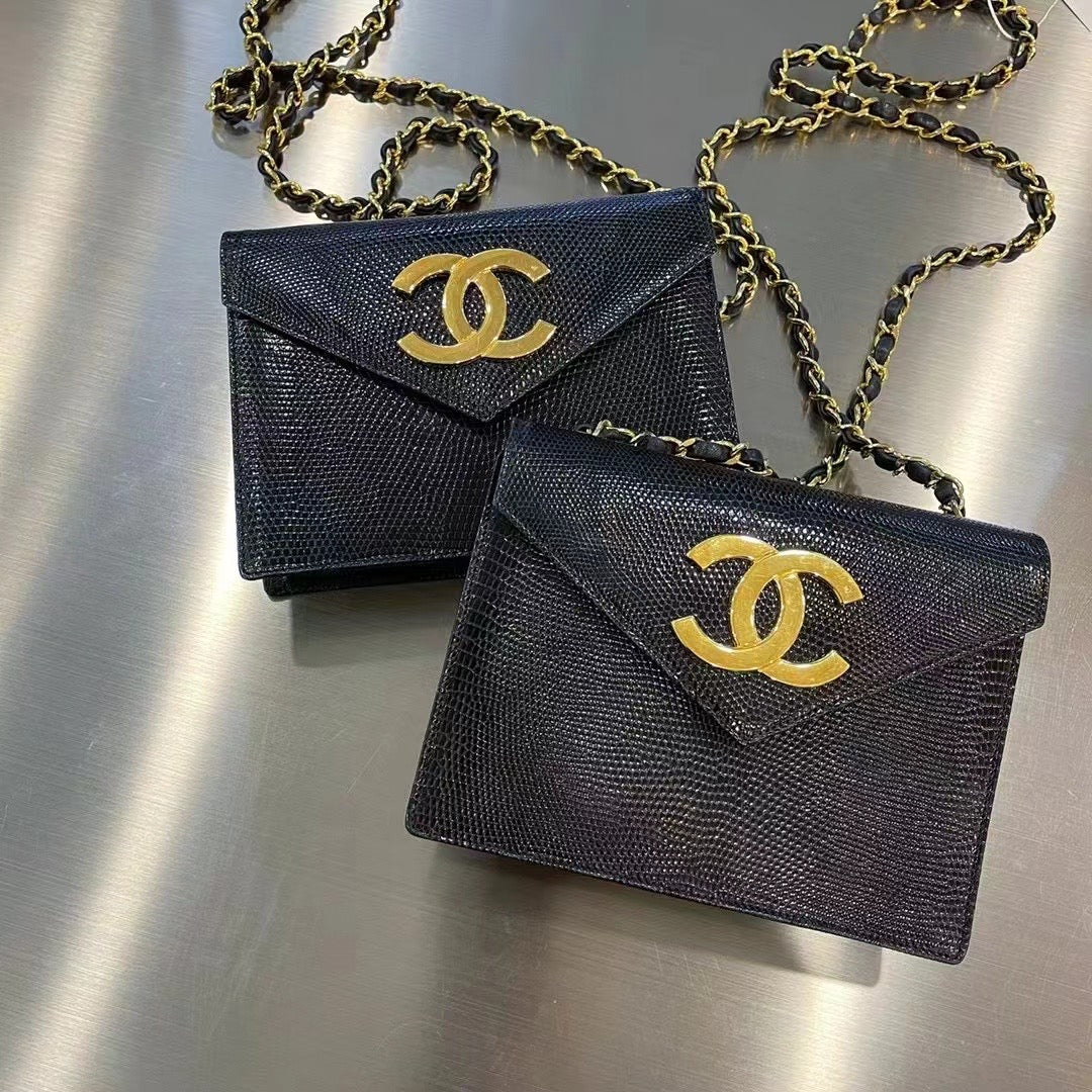 Chanel vintage black and gold lizard skin envelope bag