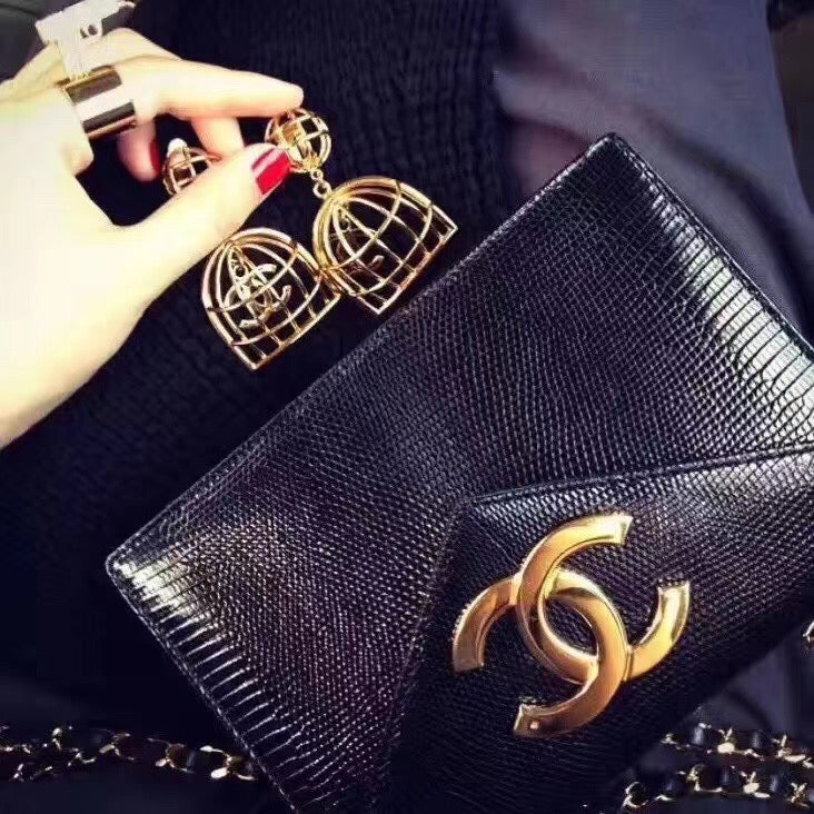 Chanel vintage black and gold lizard skin envelope bag