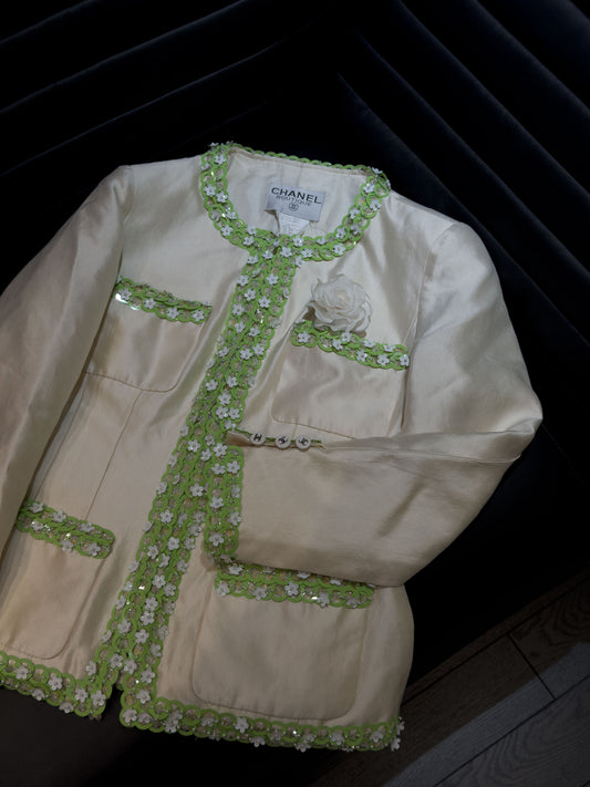 Chanel Fashion style green flower white jacket Size:36