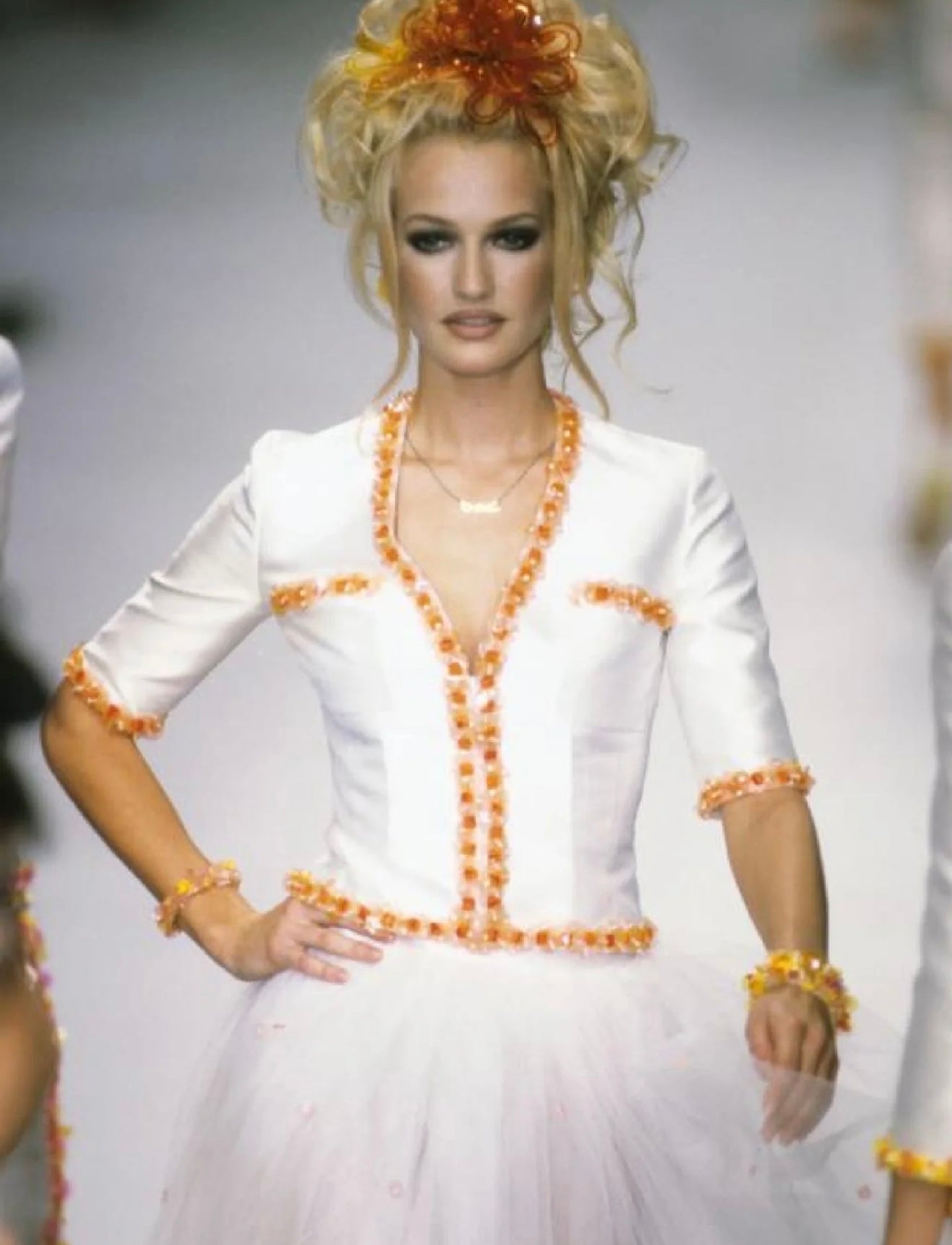 Chanel Fashion style green flower white jacket Size:36