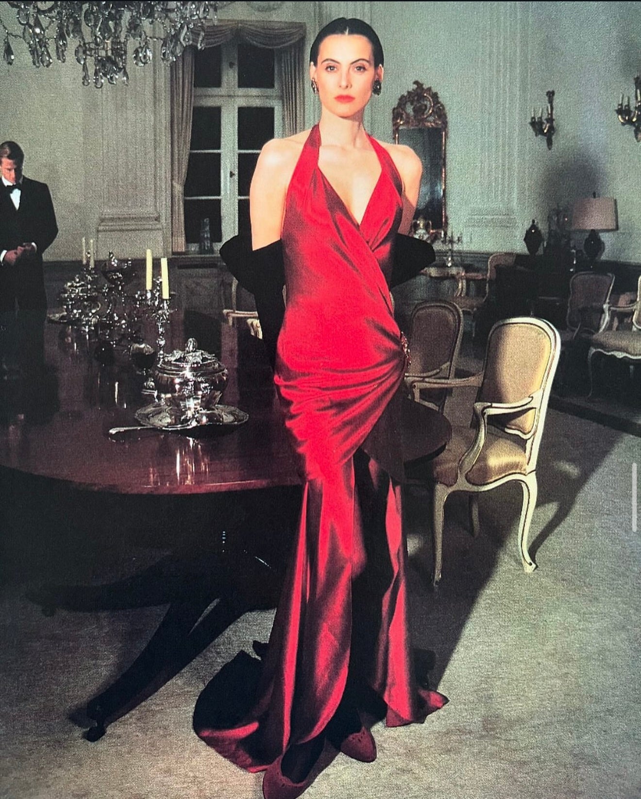 Chanel 1985 Elegant Red Satin Dress Long Skirt Size:36