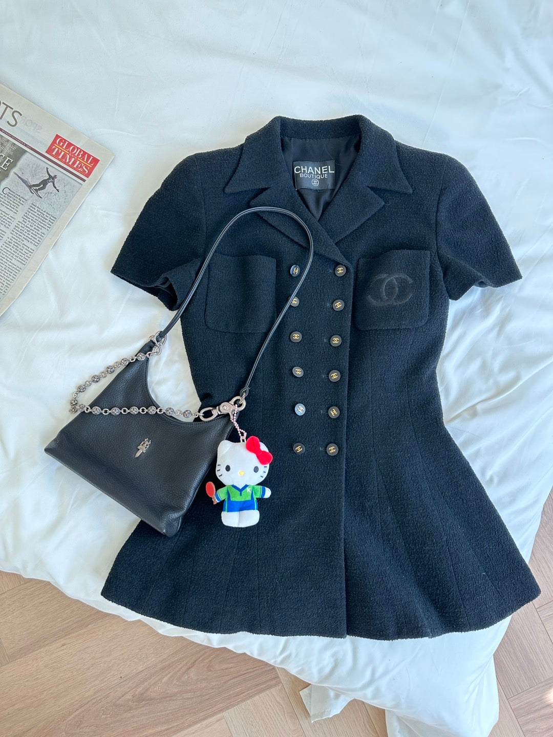 Chanel 1995 black embroidered fitted waist wool coat Size:34