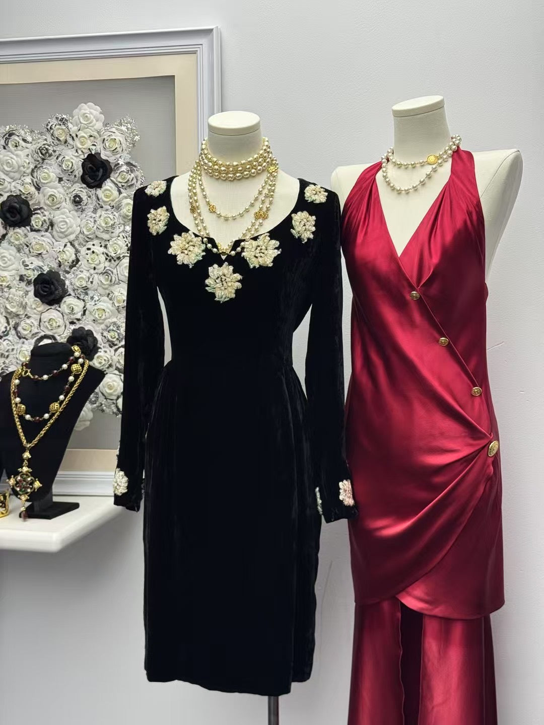 Chanel 1985 Elegant Red Satin Dress Long Skirt Size:36