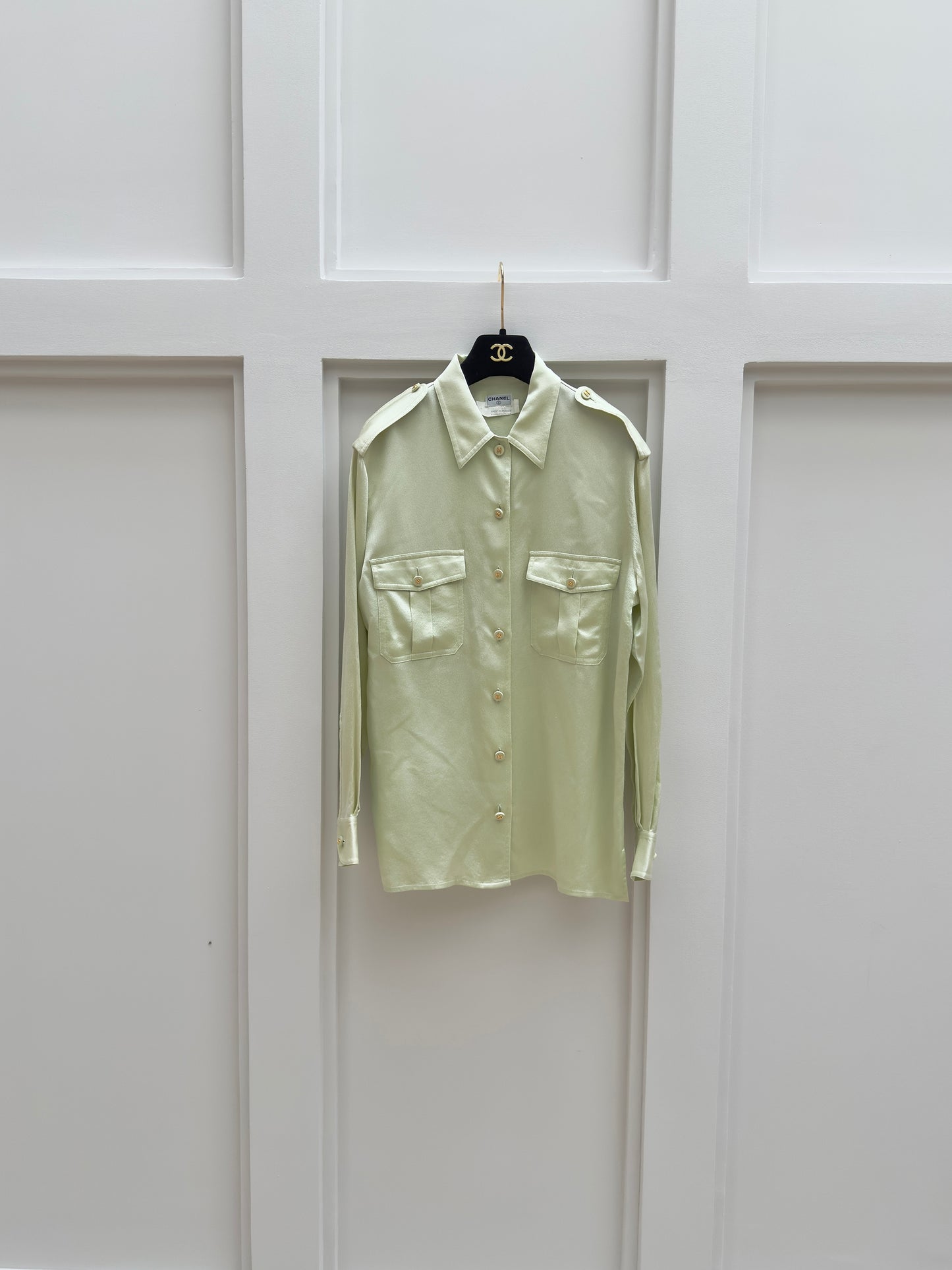 Chanel 1997 Magazine Silk Shirt mint green Size:38
