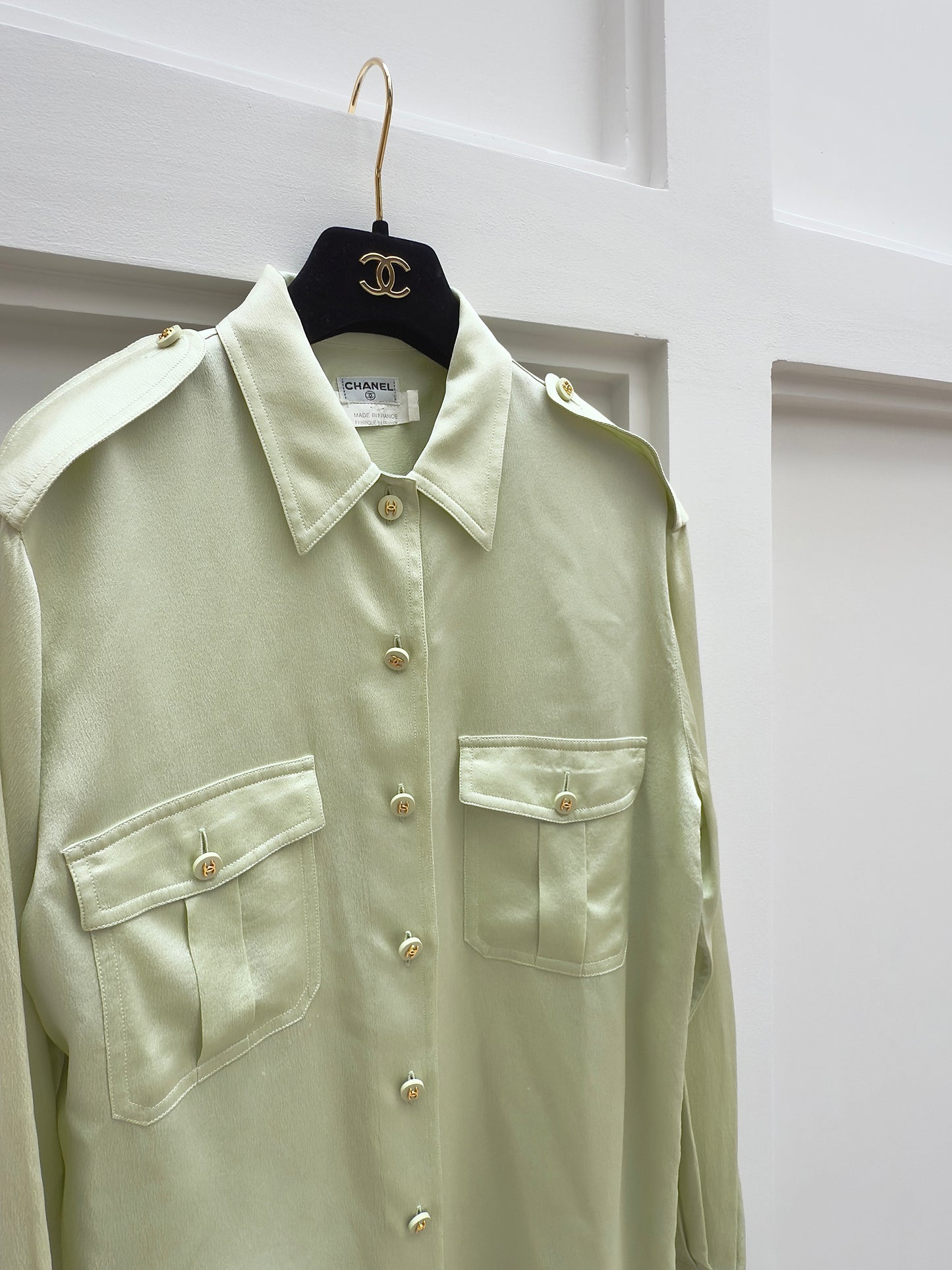Chanel 1997 Magazine Silk Shirt mint green Size:38