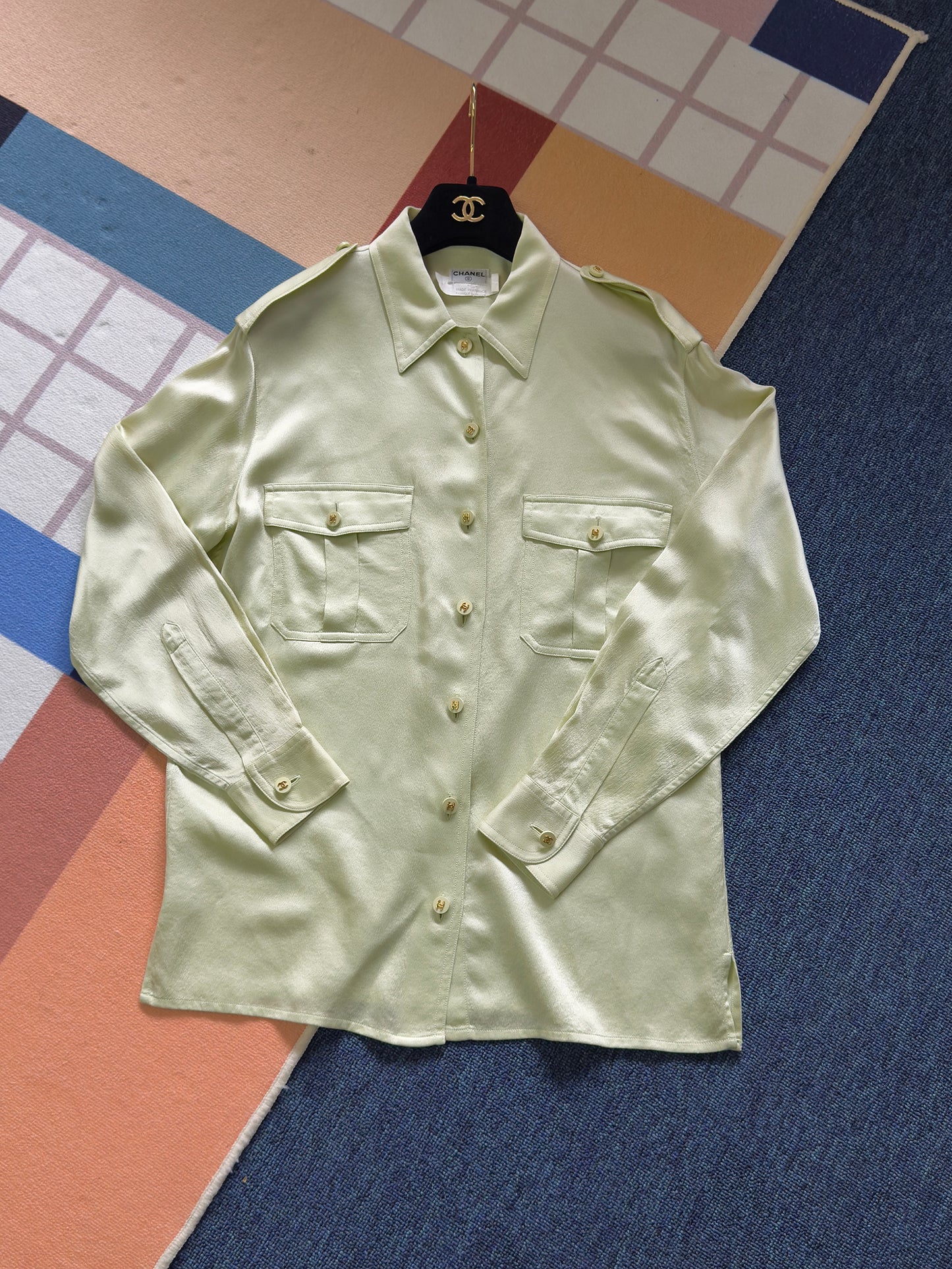 Chanel 1997 Magazine Silk Shirt mint green Size:38