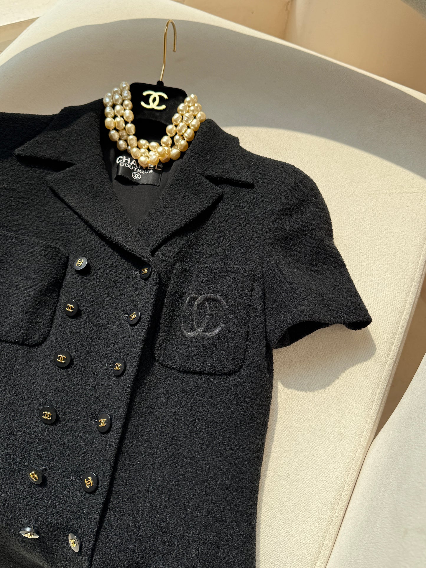 Chanel 1995 black embroidered fitted waist wool coat Size:34