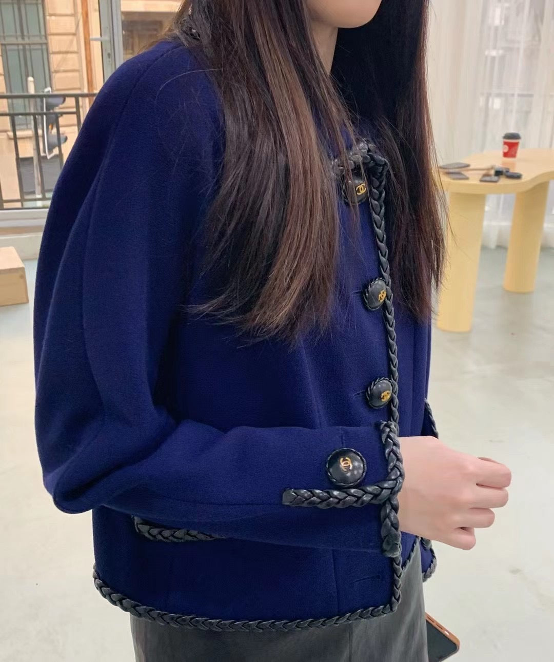 Chanel Blue Purple Leather Lock Edge Coat Size:40