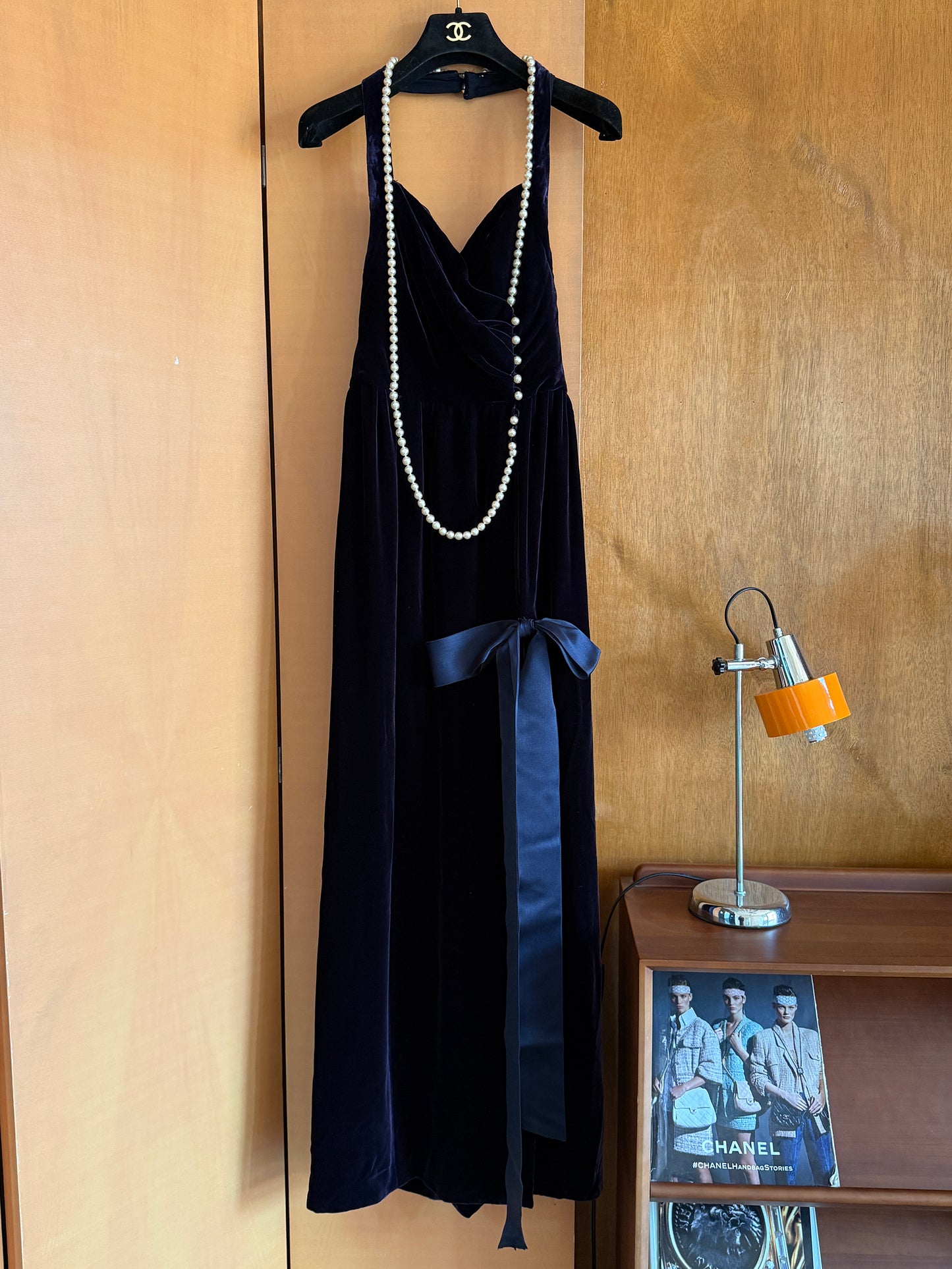 Chanel 1994 Purple Velvet Pearl Dress Size:36