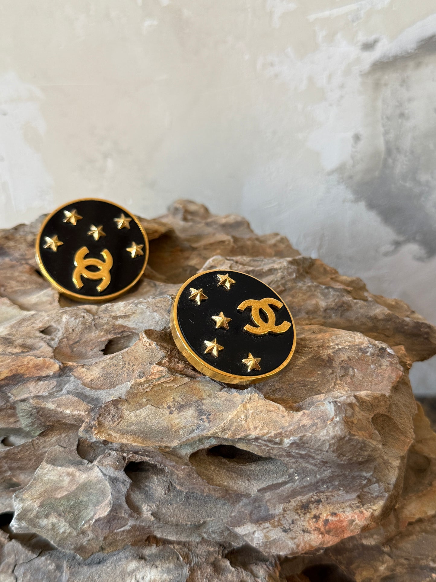 Chanel show style Black Gold Star Moon Earclips