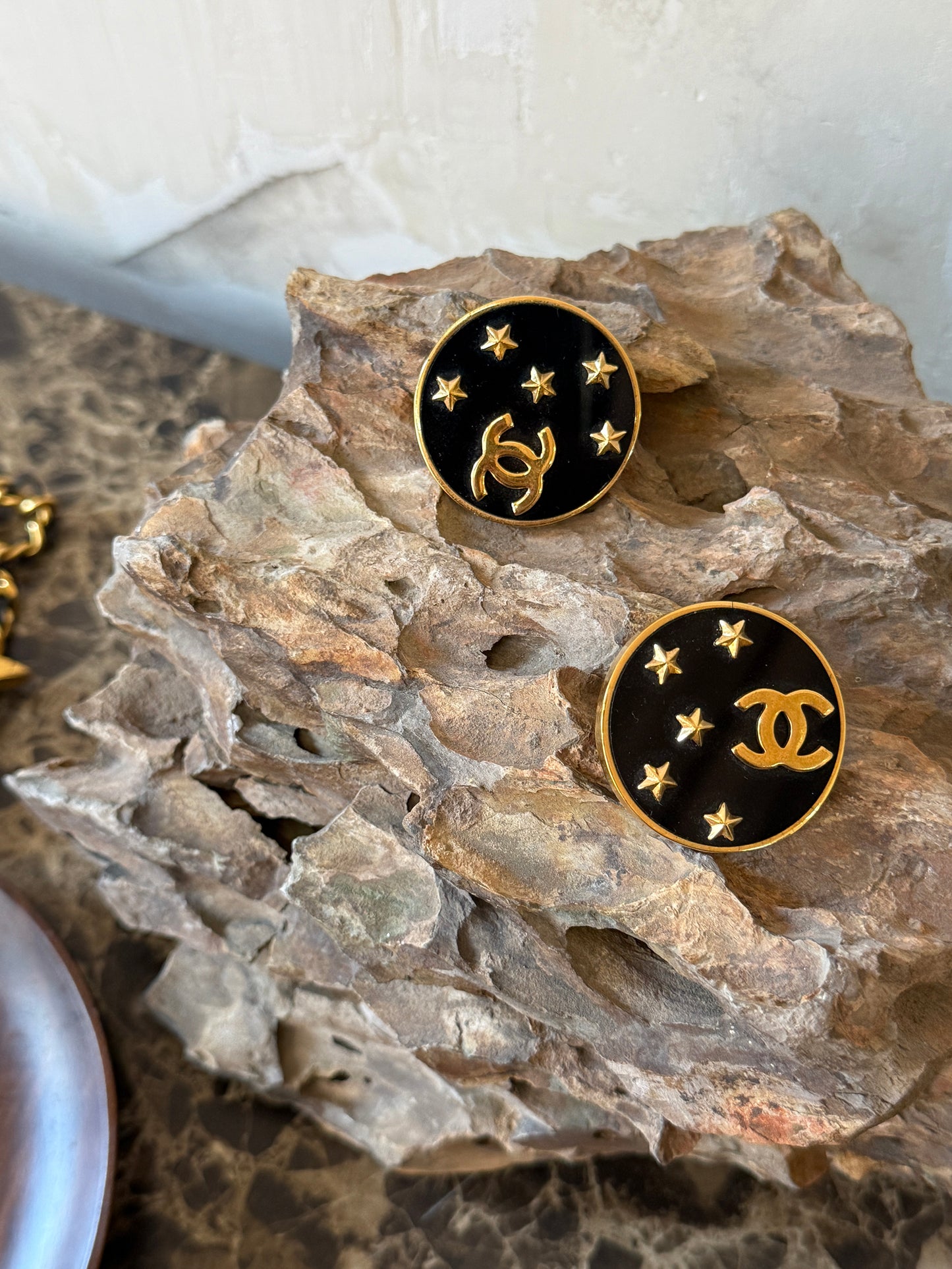 Chanel show style Black Gold Star Moon Earclips