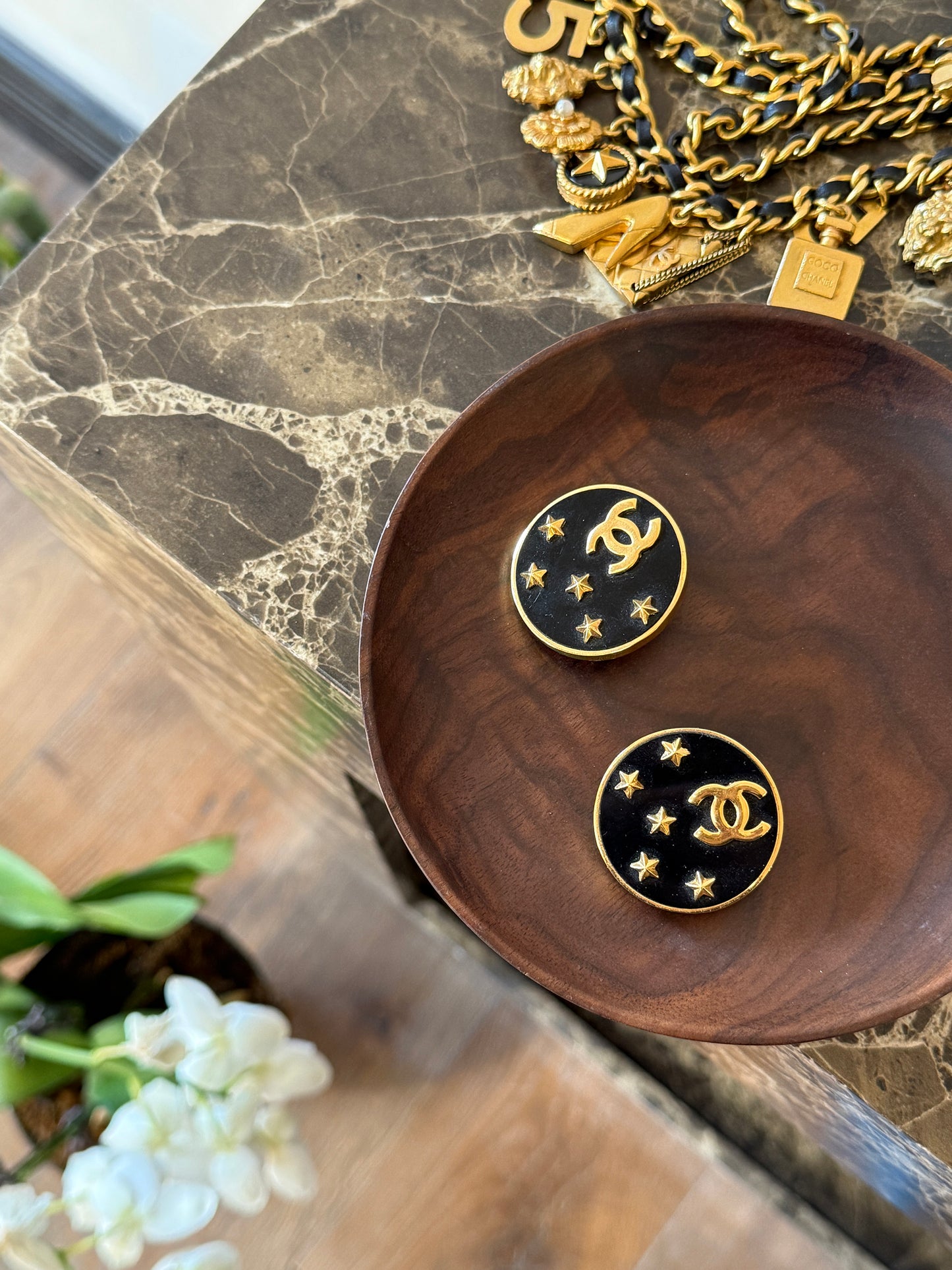Chanel show style Black Gold Star Moon Earclips