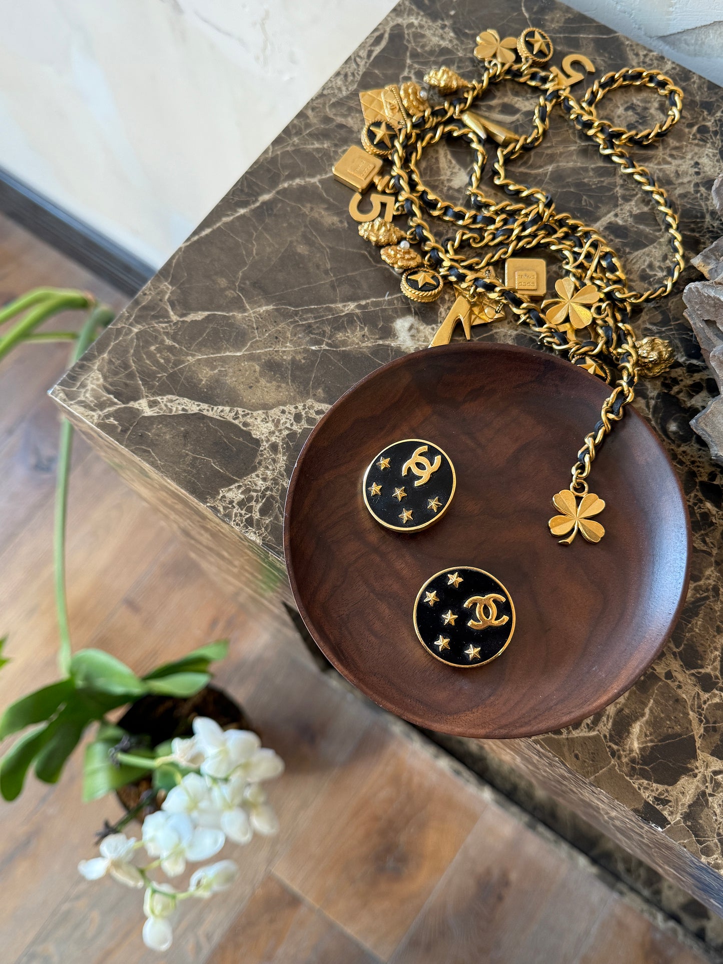 Chanel show style Black Gold Star Moon Earclips