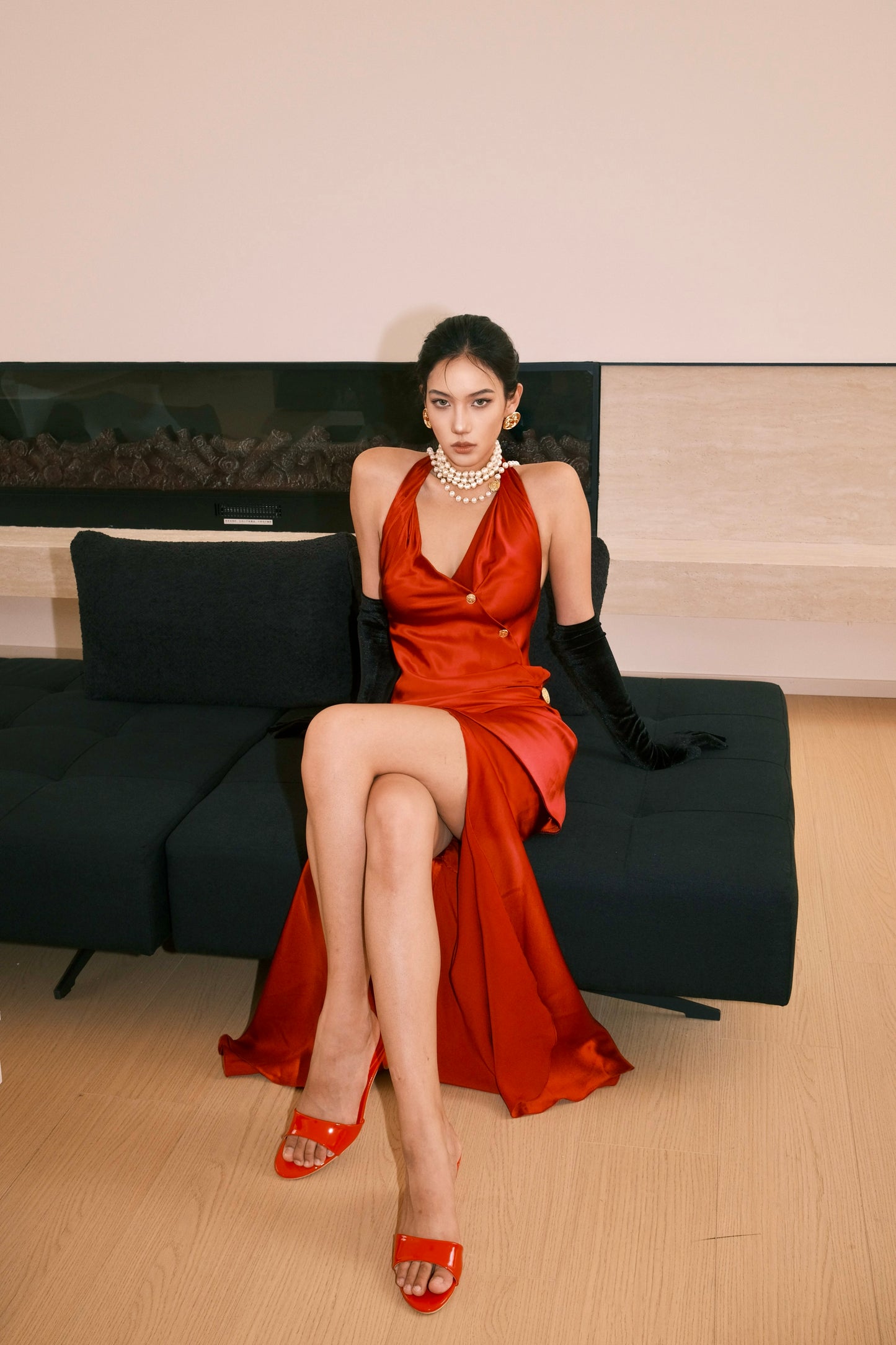 Chanel 1985 Elegant Red Satin Dress Long Skirt Size:36
