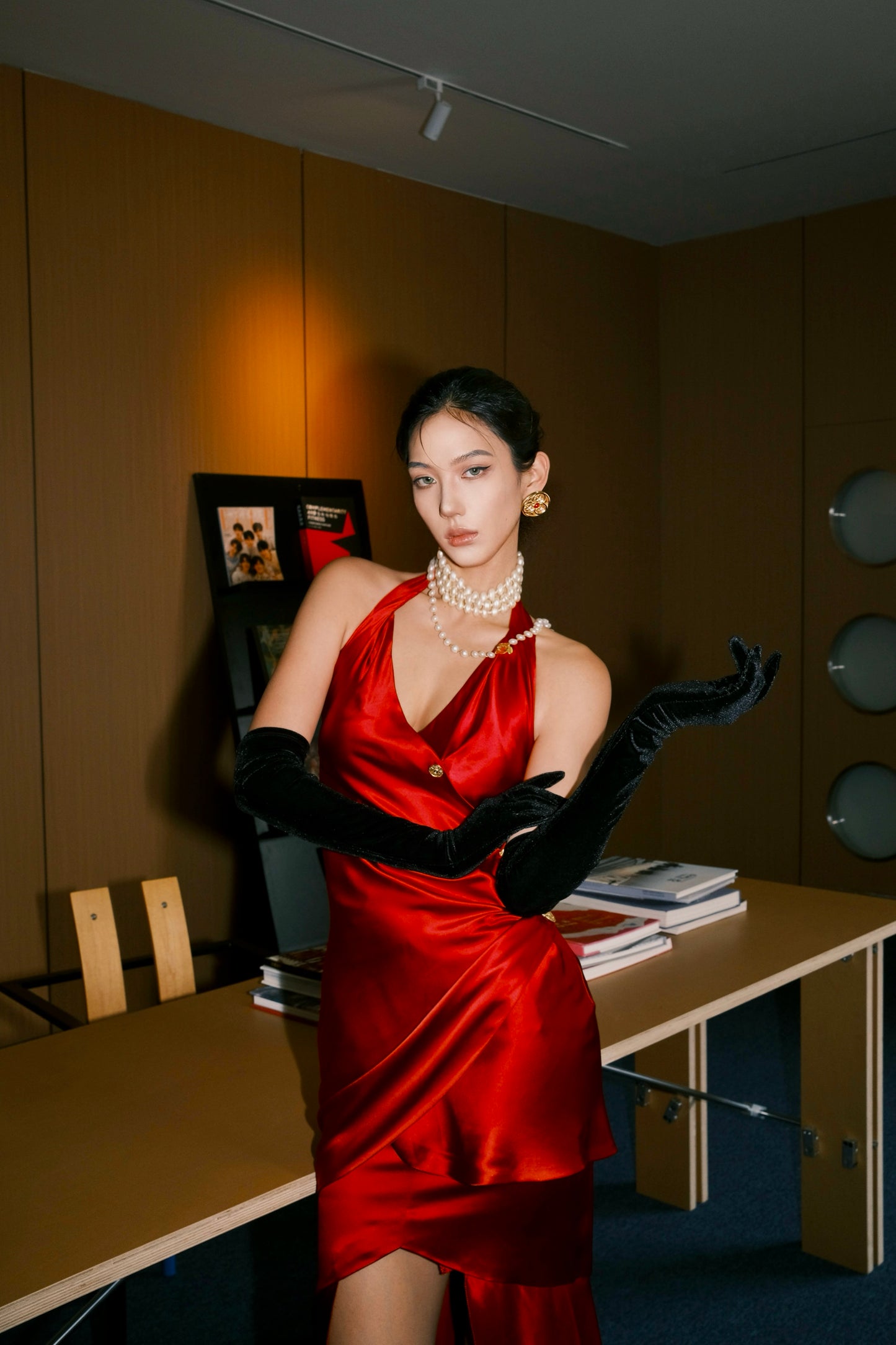 Chanel 1985 Elegant Red Satin Dress Long Skirt Size:36