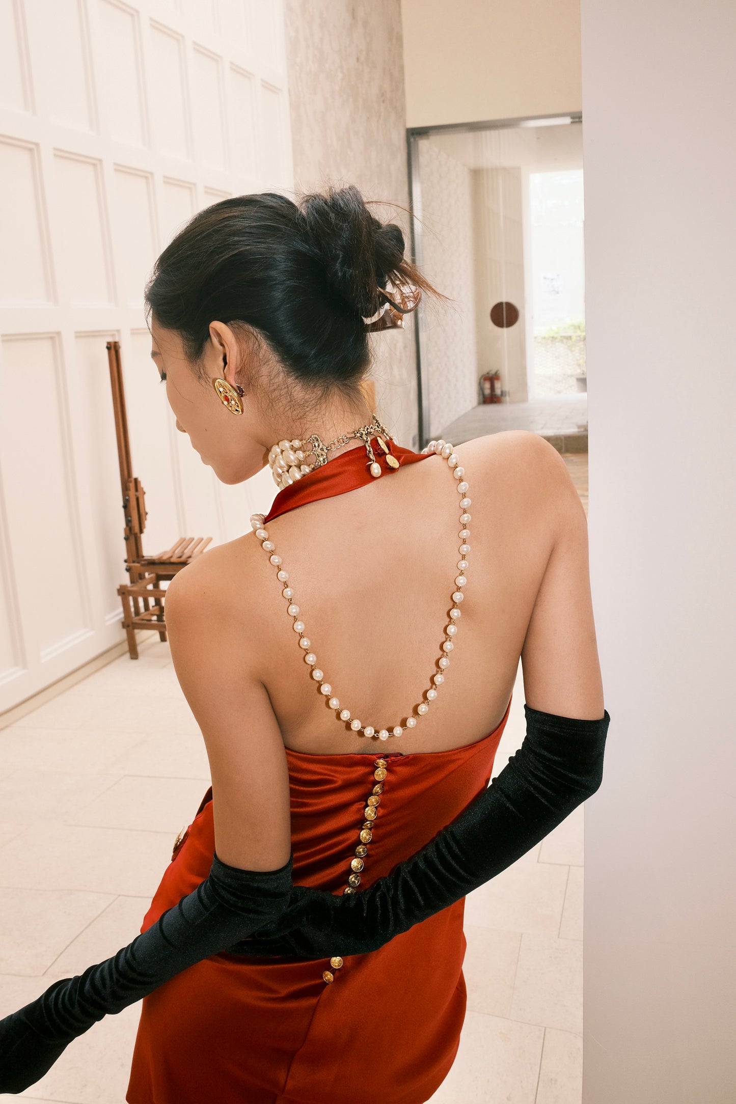 Chanel 1985 Elegant Red Satin Dress Long Skirt Size:36