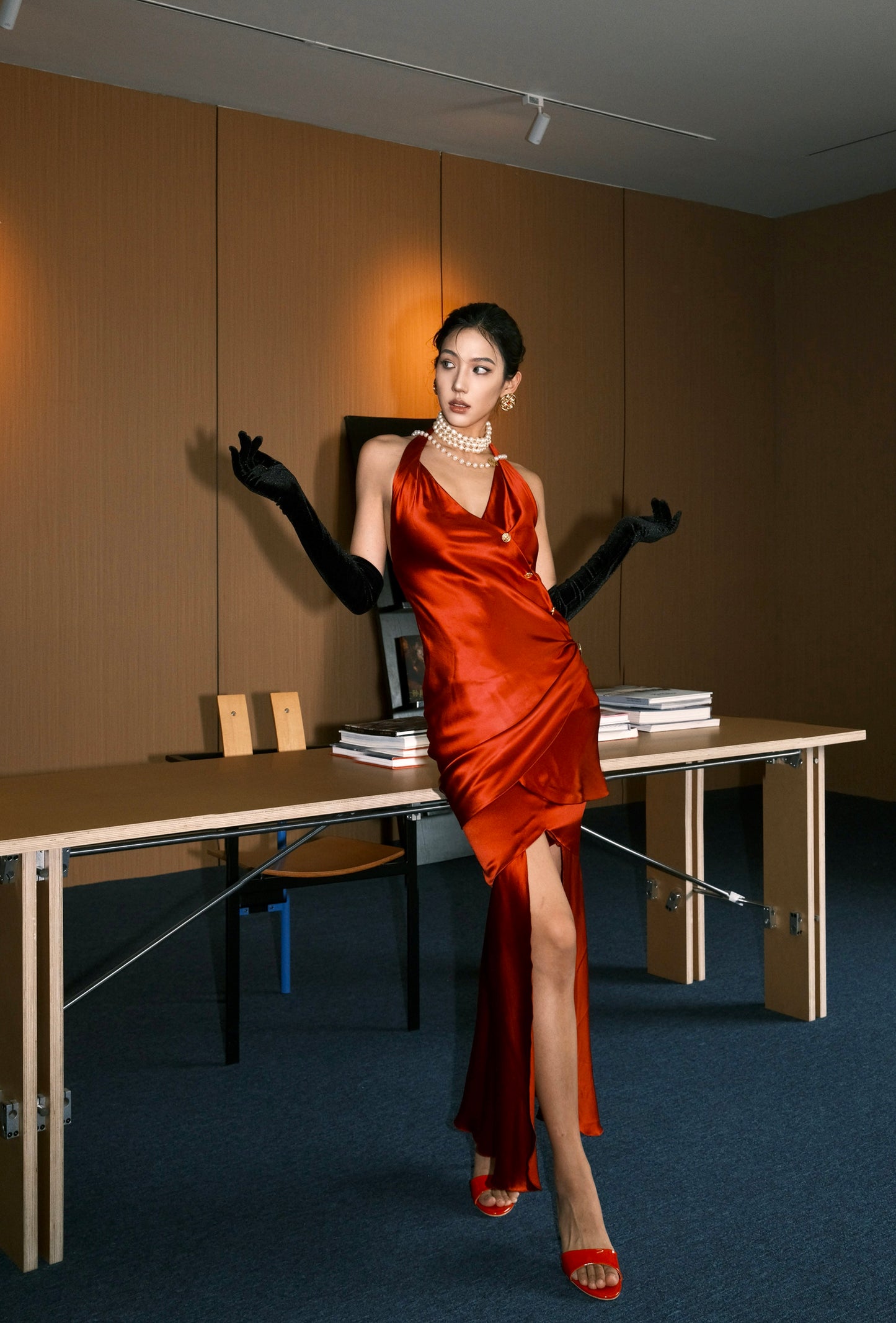 Chanel 1985 Elegant Red Satin Dress Long Skirt Size:36