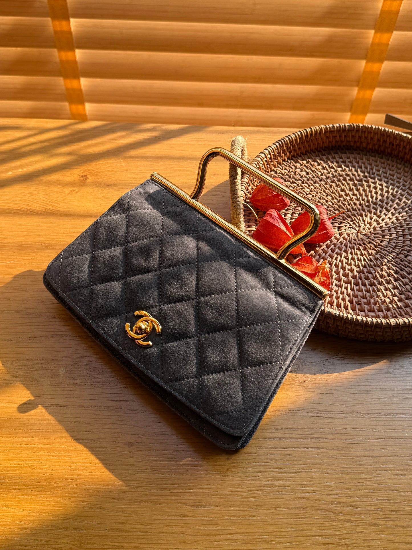 Chanel classic gray suede handbag
