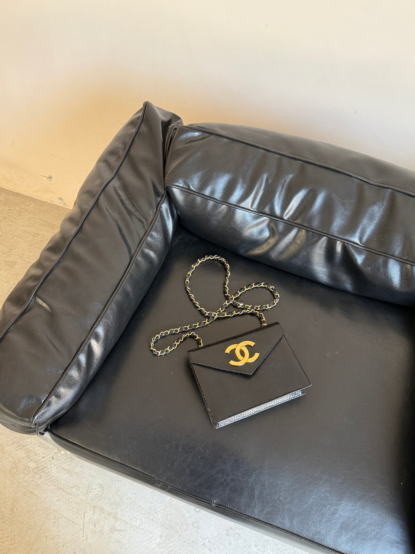 Chanel vintage black and gold lizard skin envelope bag