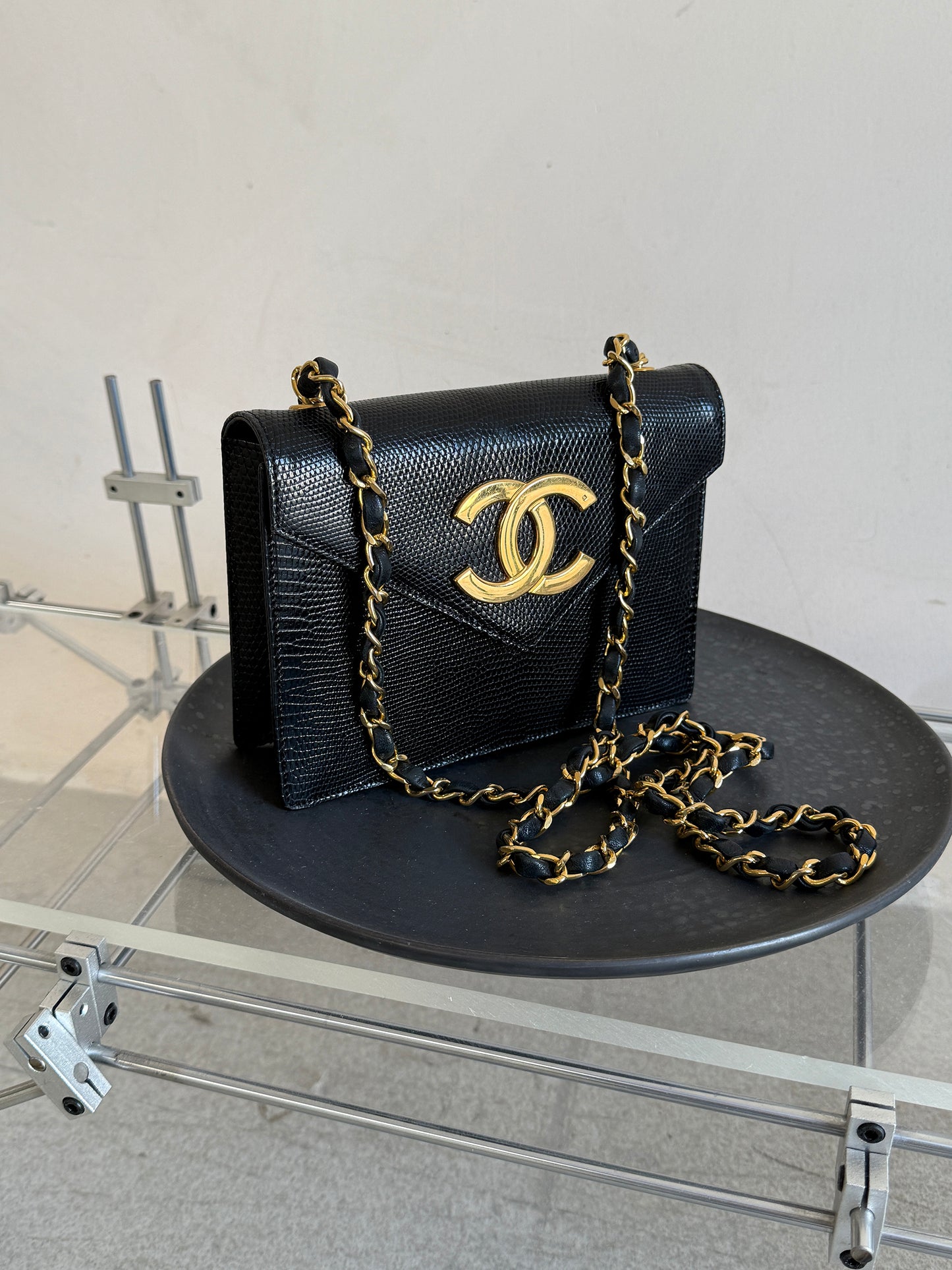 Chanel vintage black and gold lizard skin envelope bag