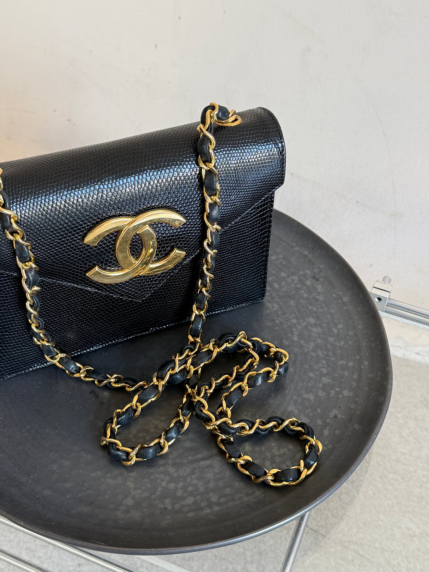 Chanel vintage black and gold lizard skin envelope bag