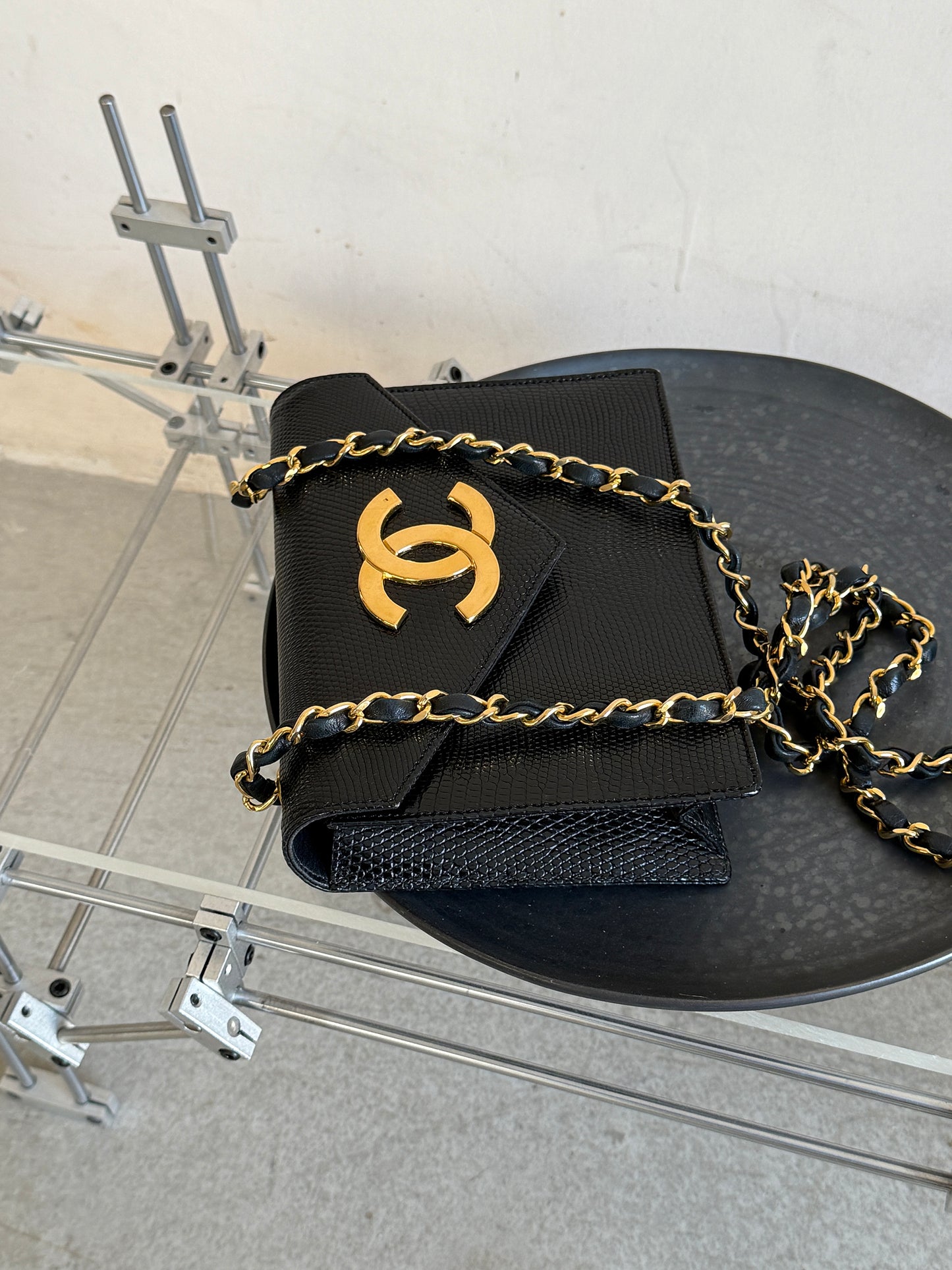 Chanel vintage black and gold lizard skin envelope bag