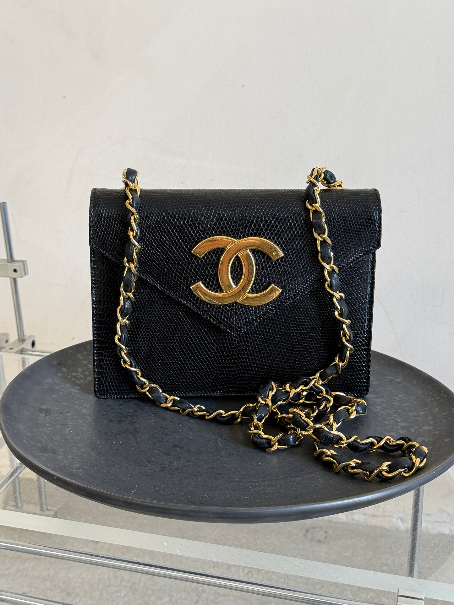 Chanel vintage black and gold lizard skin envelope bag