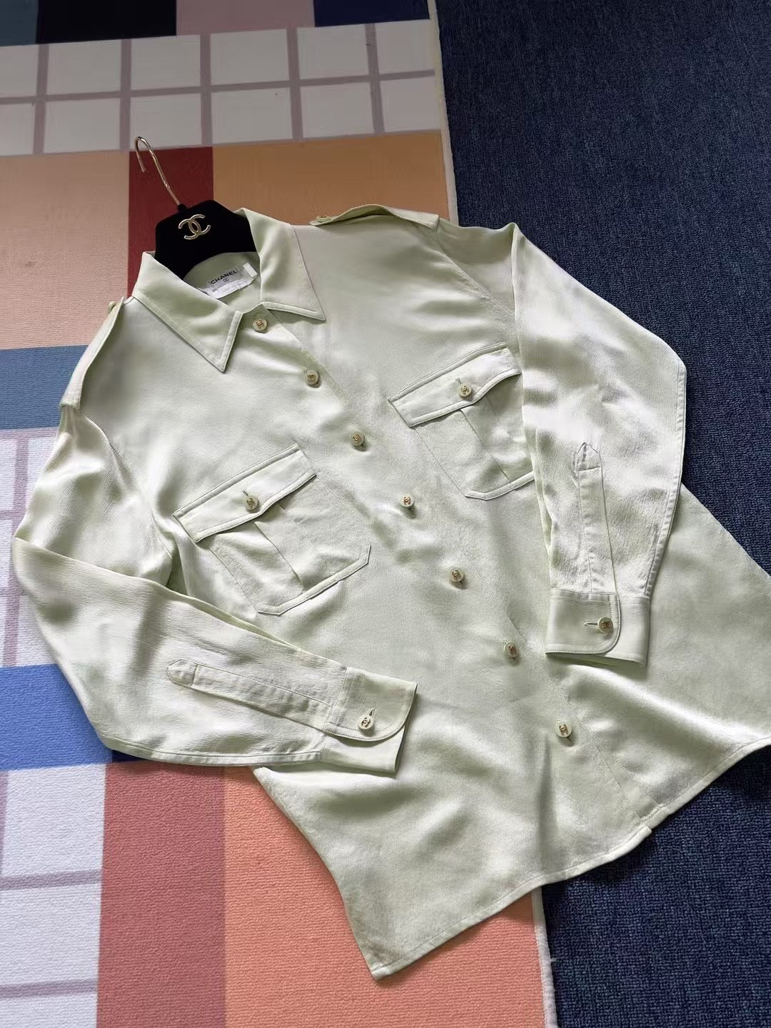 Chanel 1997 Magazine Silk Shirt mint green Size:38