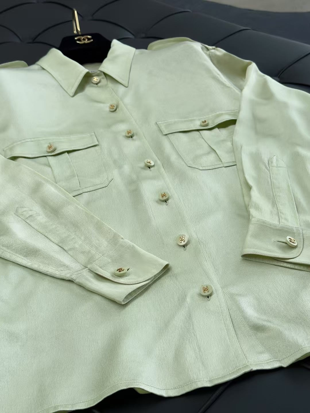 Chanel 1997 Magazine Silk Shirt mint green Size:38