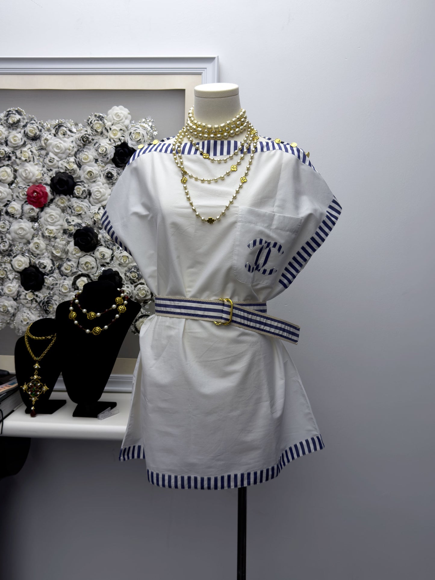 Chanel white navy style short sleeved shirt Size:38