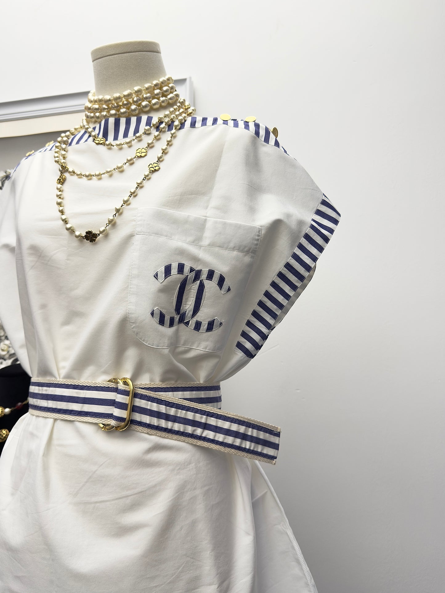 Chanel white navy style short sleeved shirt Size:38