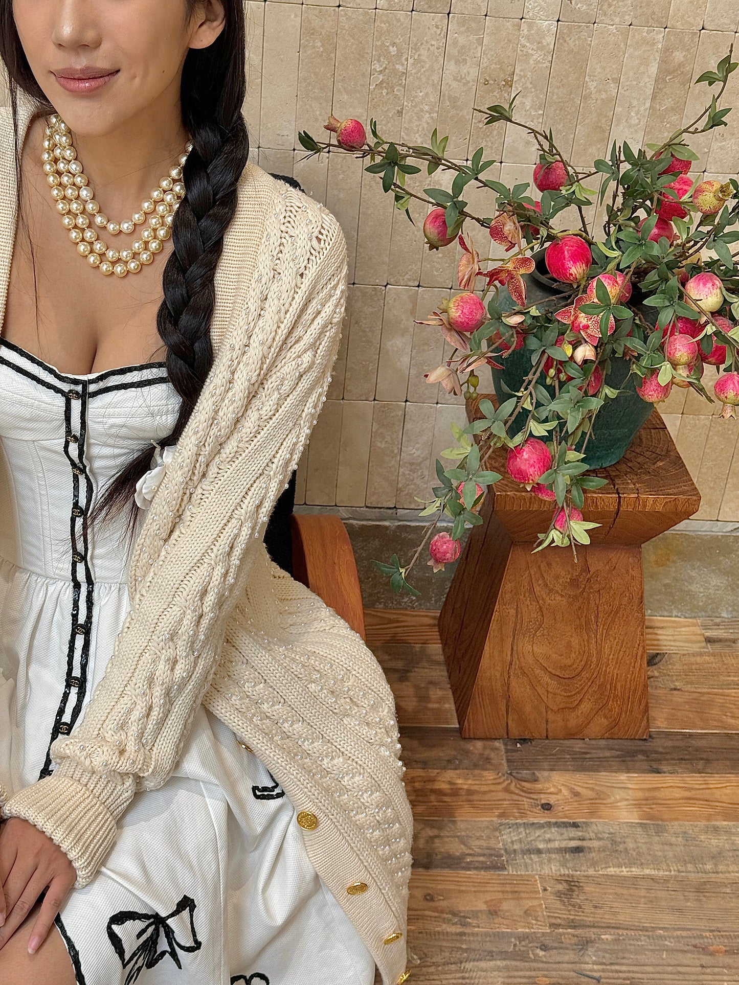 Chanel Rare Show Pearl Long Hair Coat Size:38