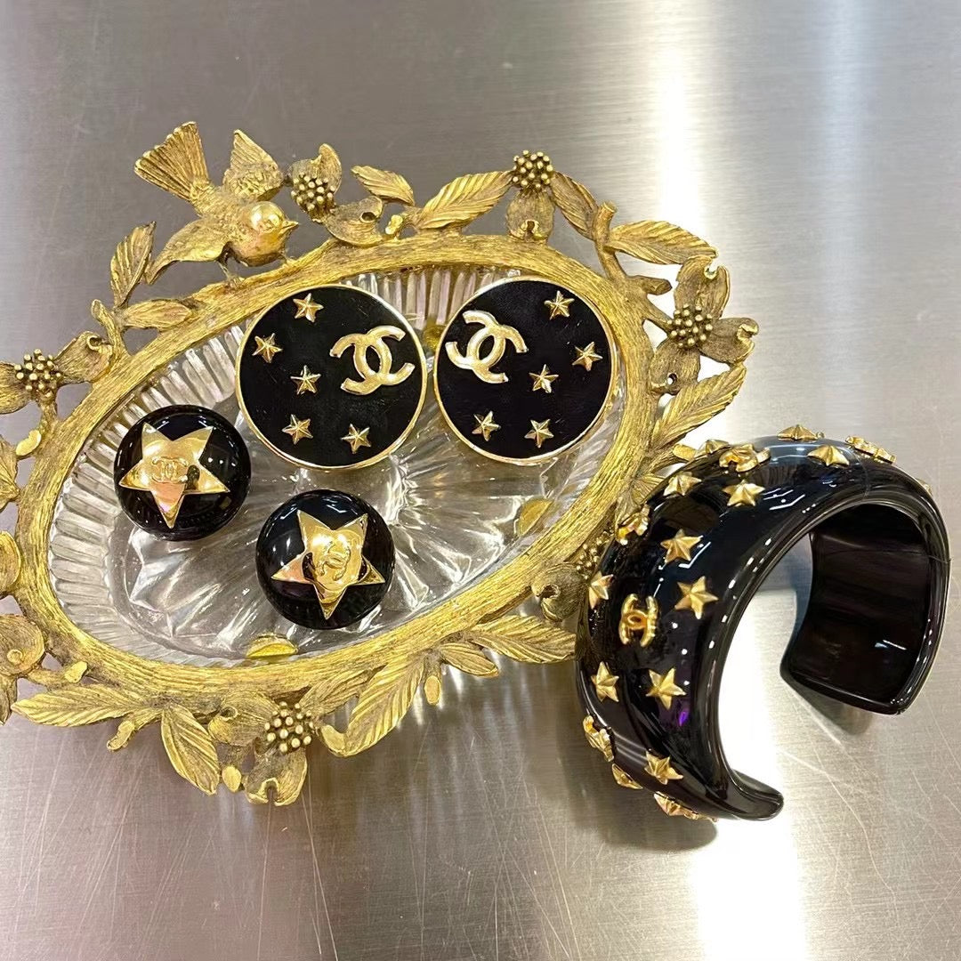 Chanel show style Black Gold Star Moon Earclips