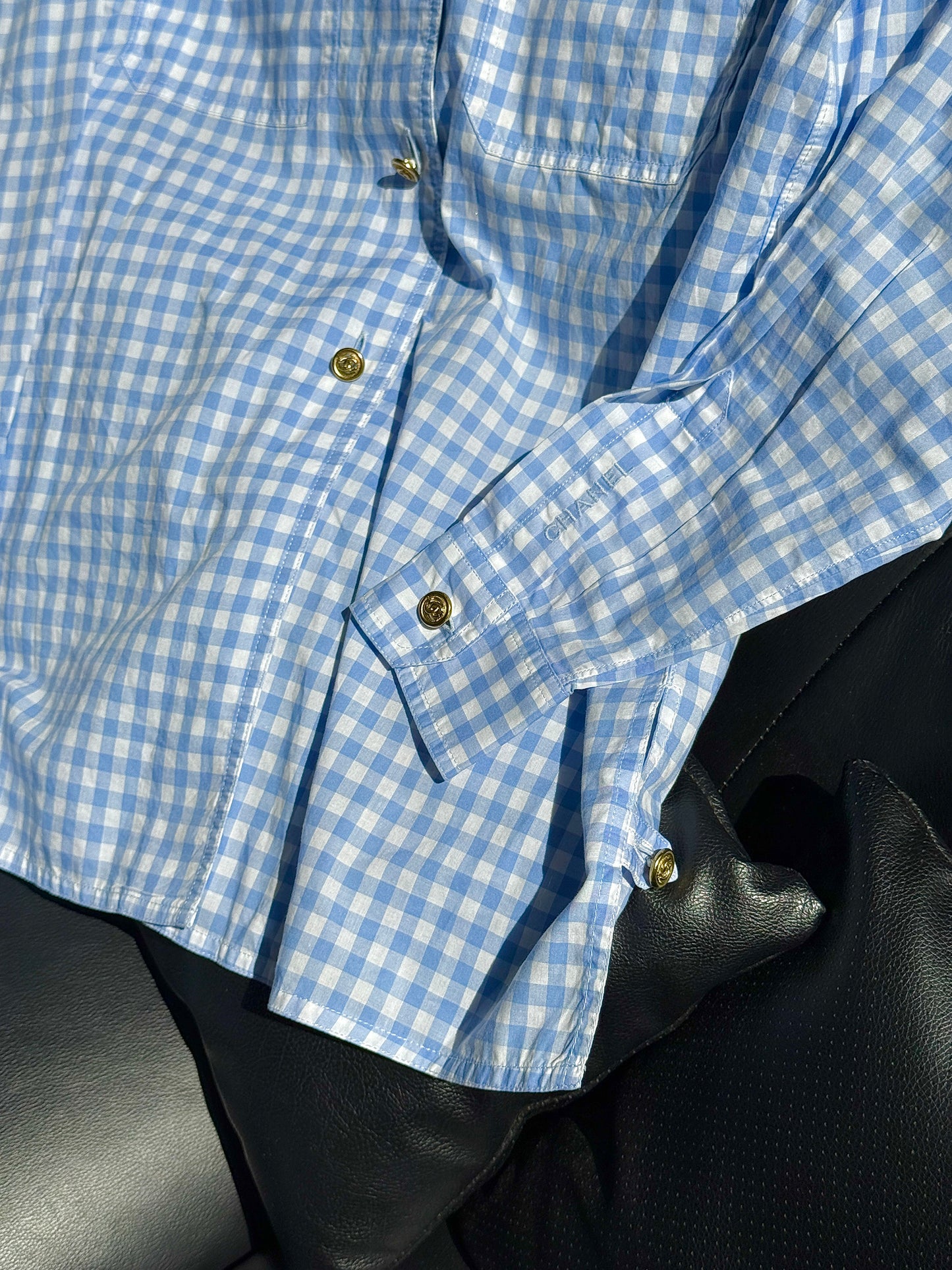 Chanel blue and white checkered shirt four piece set Size:38
