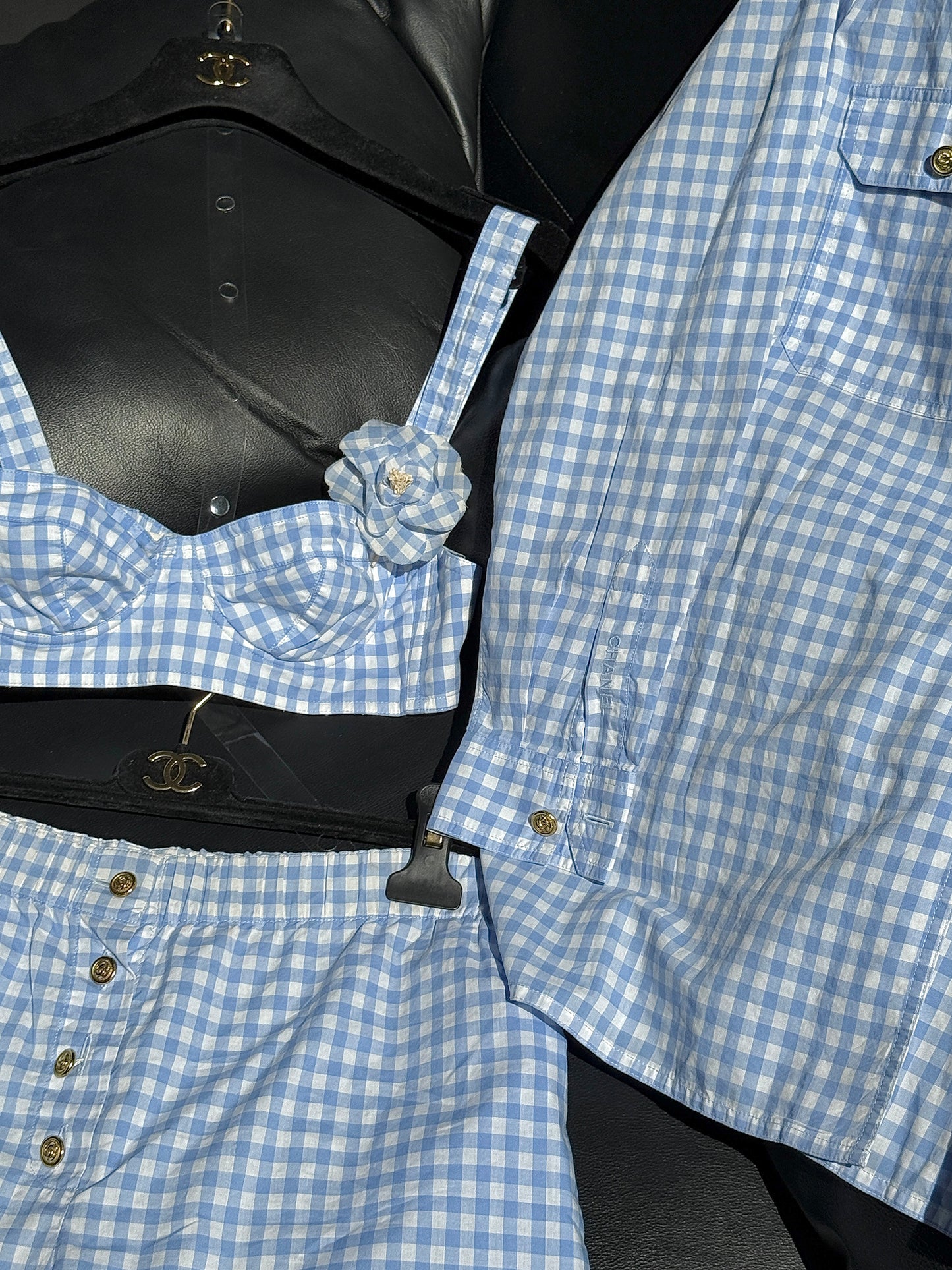 Chanel blue and white checkered shirt four piece set Size:38