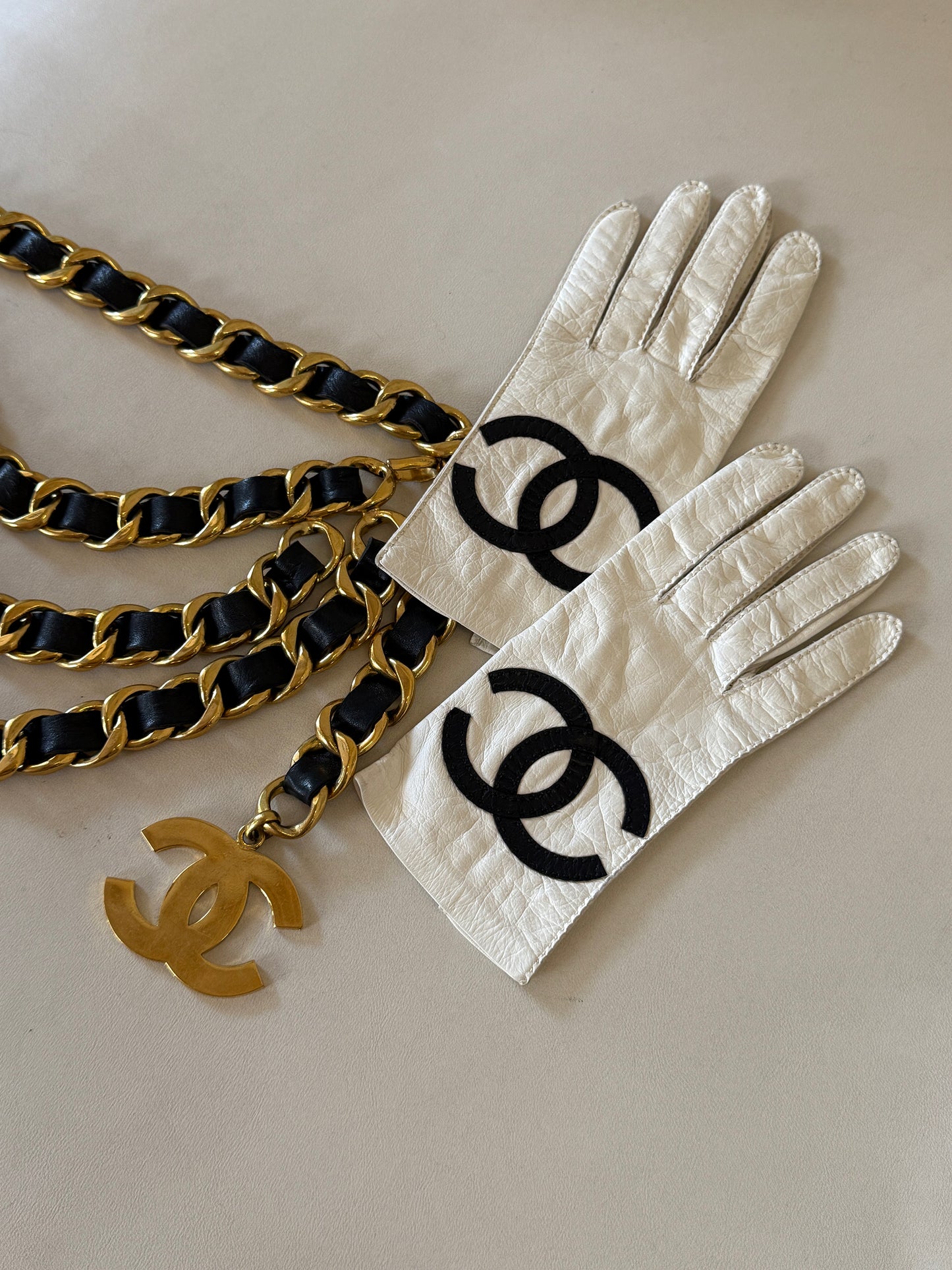 Chanel Black Multi layer Leather Chain Belt with Gold Large Logo
