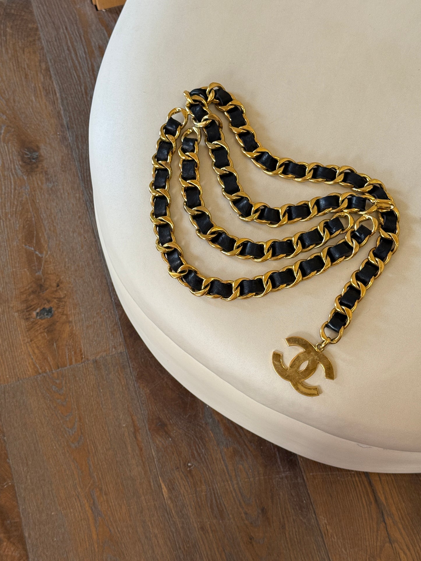 Chanel Black Multi layer Leather Chain Belt with Gold Large Logo