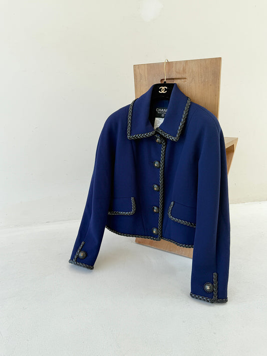 Chanel Blue Purple Leather Lock Edge Coat Size:40