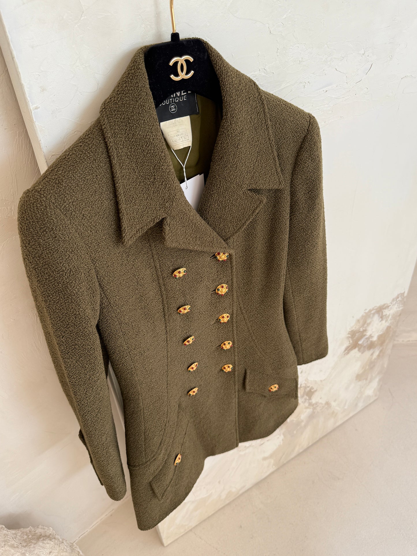 Chanel military green colored glazed button military jacket Size:38