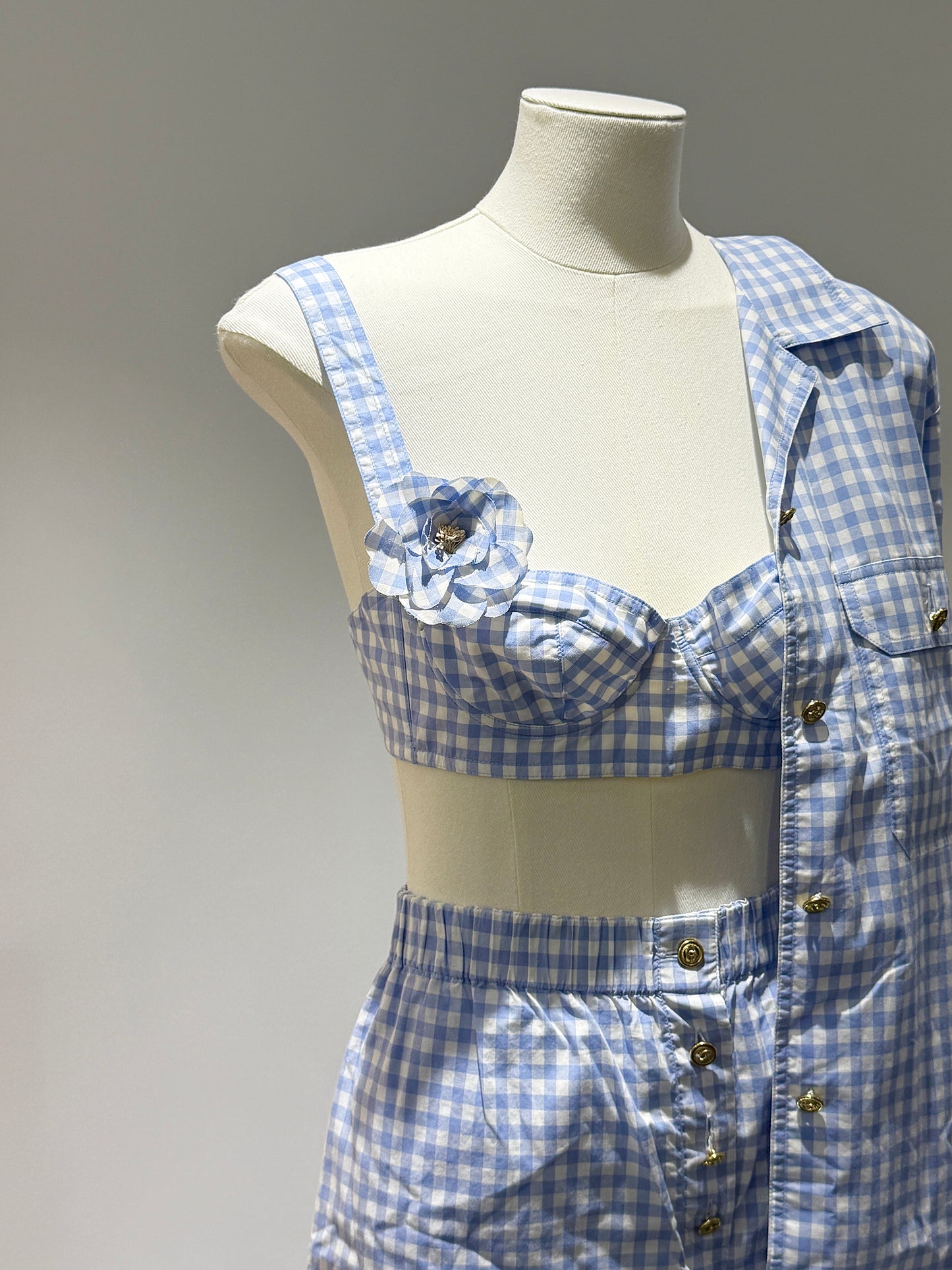 Chanel blue and white checkered shirt four piece set Size:38