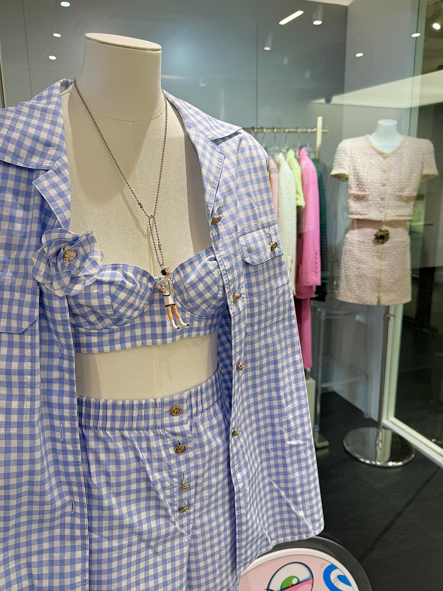 Chanel blue and white checkered shirt four piece set Size:38