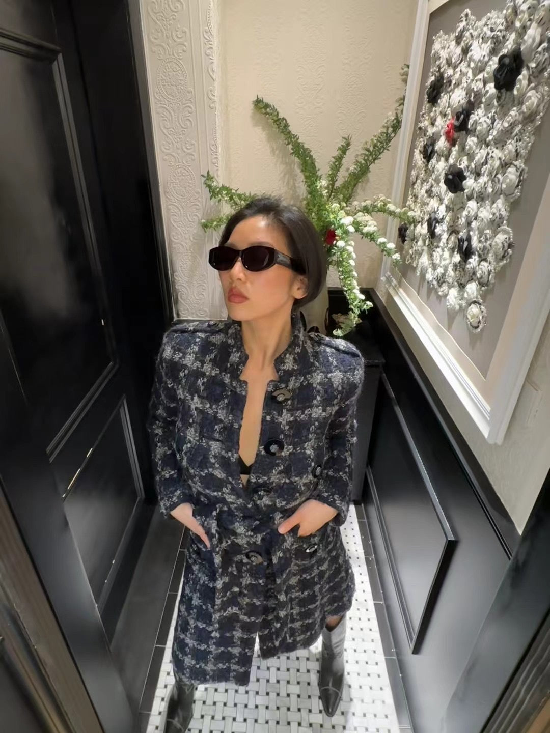 Chanel Metropolitan Series Thousand Bird Grid Long Coat Size:36