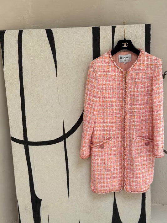 Chanel Orange Pink Checkered Long Coat Size:38