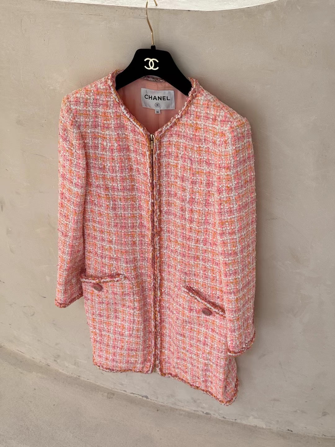 Chanel Orange Pink Checkered Long Coat Size:38