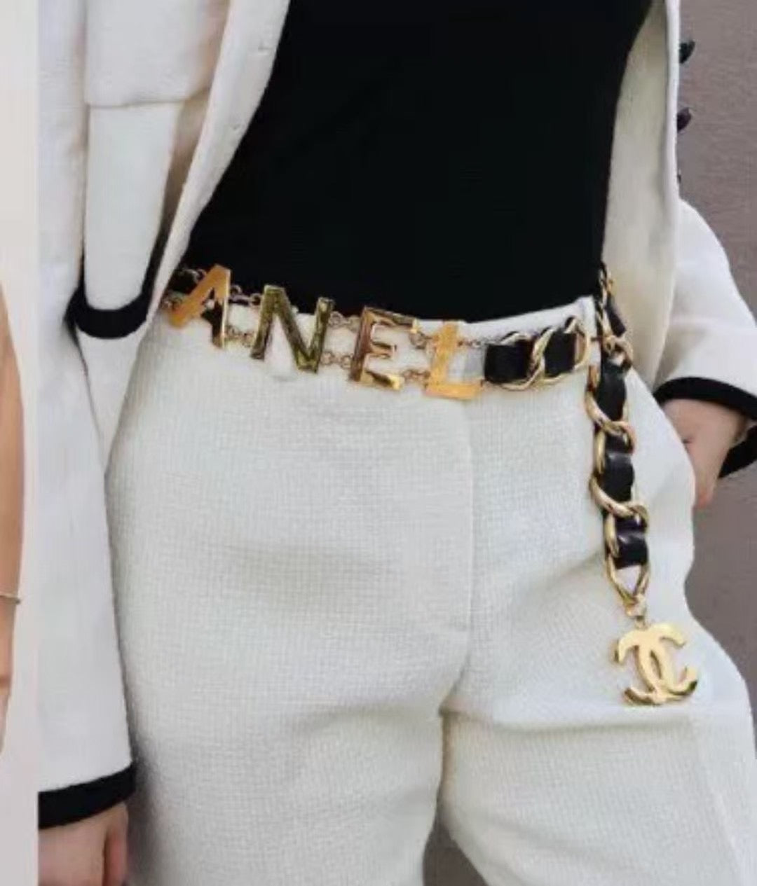 Chanel Black Gold Alphabet Leather Chain Belt
