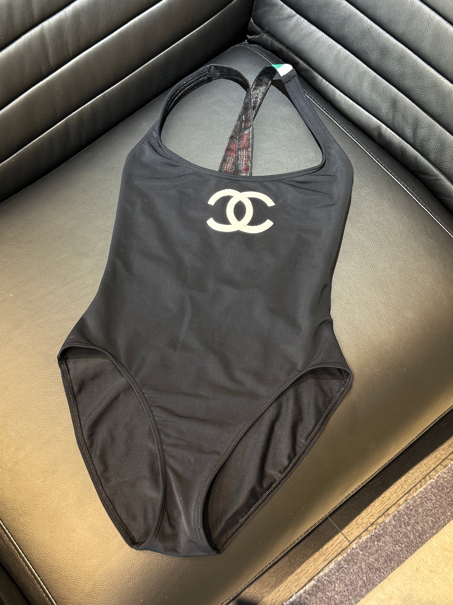 Chanel flag shoulder strap black logo swimsuit Size:36